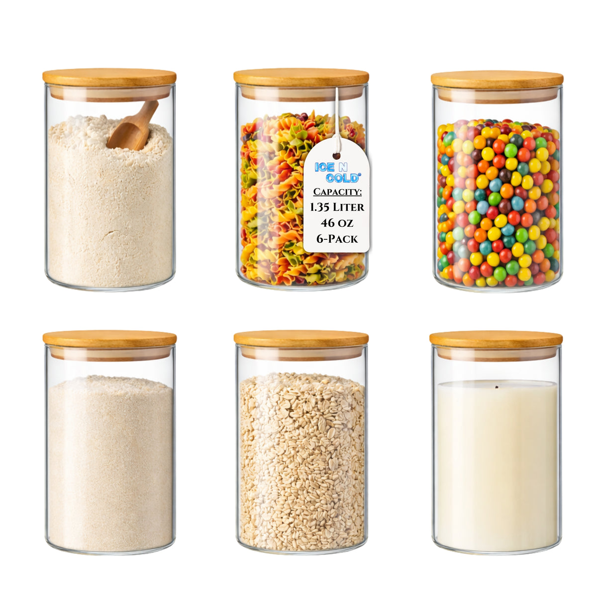 Borosilicate Glass Storage Canisters with Bamboo Lids - Airtight Pantry Jars for Flour, Sugar, Rice, Pasta, Coffee & Candles - Clear Kitchen Containers