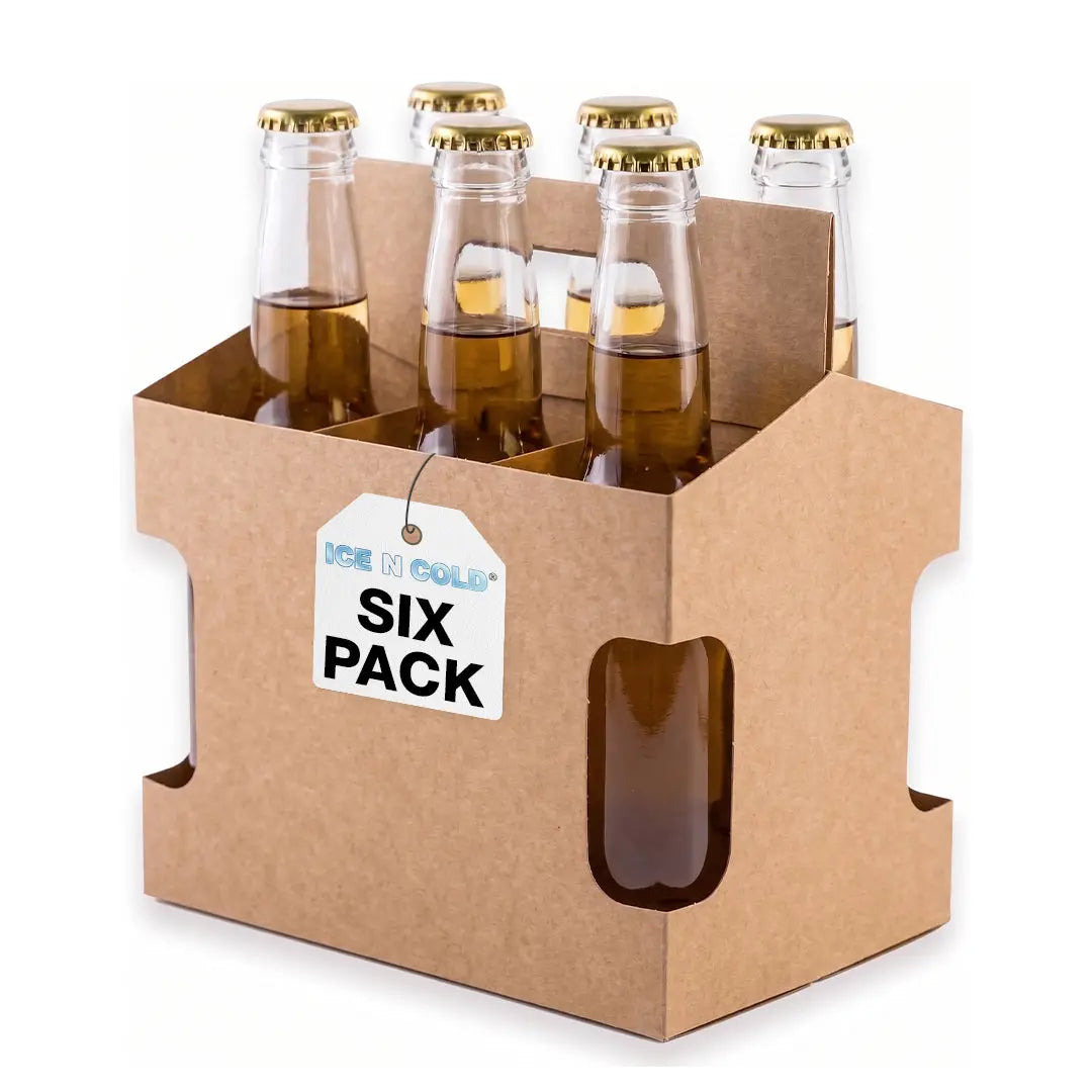 6pk Cardboard Carrier Kraft Die-Cut 12oz - 16oz Bottles 8x7x5 for Convenience Store, Eco-Friendly, Moisture & Humidity Resistant, High Quality 18 Point Wet Board Strength (6 Pack) ICE N COLD®
