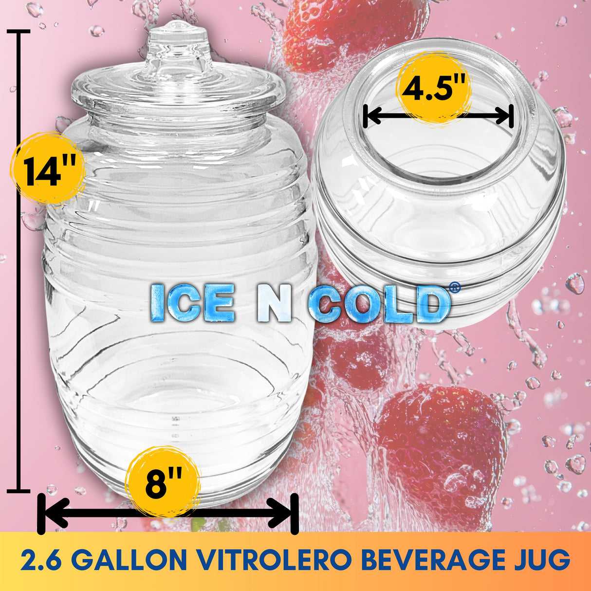 Aguas Frescas 2.6 Gallon Glass Juice Jug Container with Lid (10 Liters, 338 oz) | ICE N COLD