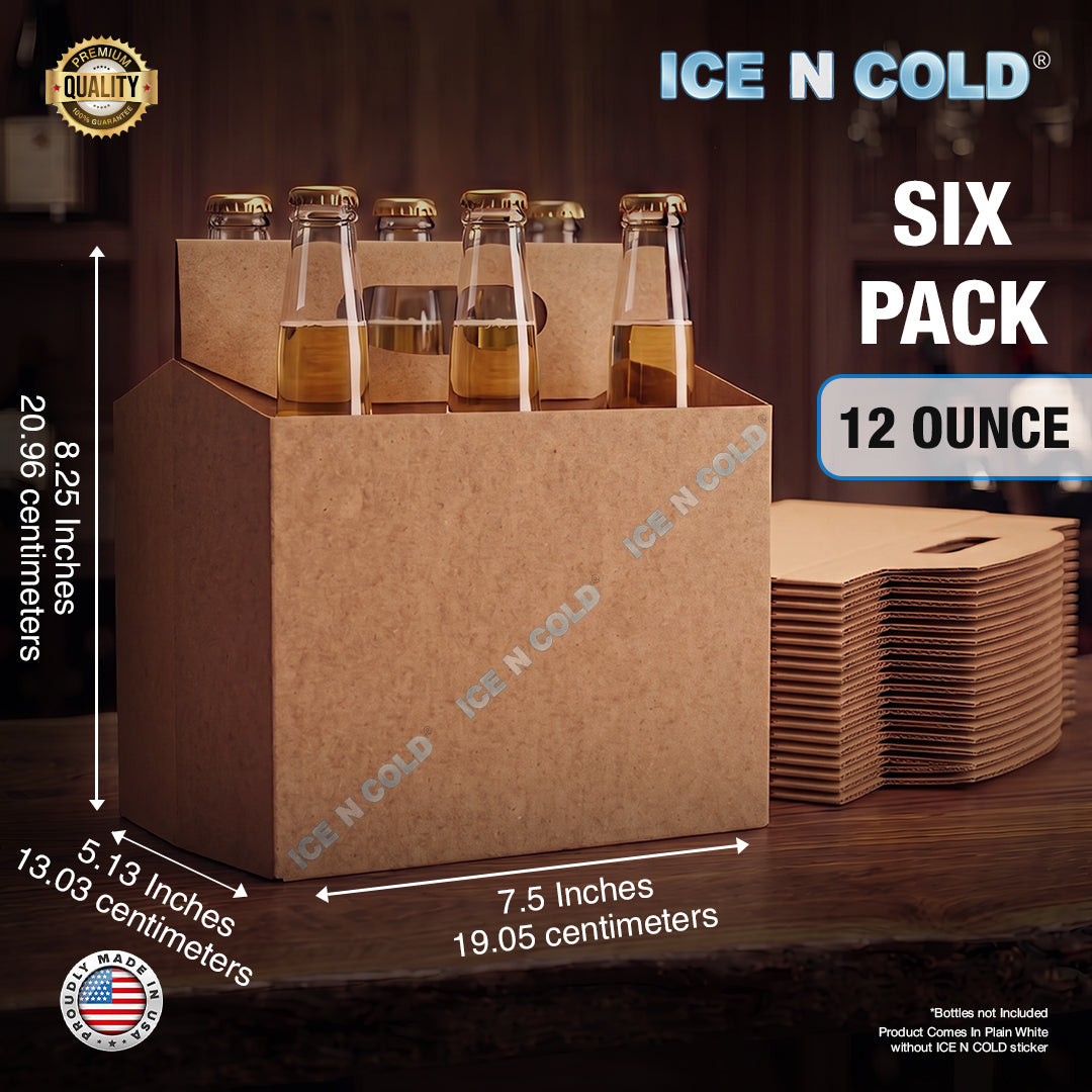 6pk Cardboard Carrier Kraft 12oz - 16oz Bottles & Cans 8x7x5 for Convenience Store, Eco Friendly, Moisture & Humidity Resistant | High Quality 18 Point Wet Board Strength (6 Pack) ICE N COLD®