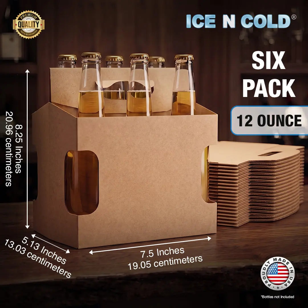 6pk Cardboard Carrier Kraft Die-Cut 12oz - 16oz Bottles 8x7x5 for Convenience Store, Eco-Friendly, Moisture & Humidity Resistant, High Quality 18 Point Wet Board Strength (6 Pack) ICE N COLD®