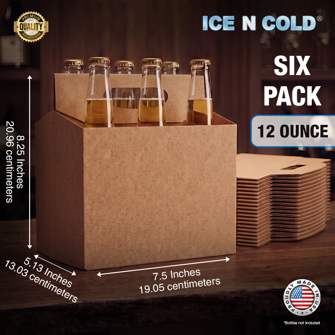 6pk Cardboard Carrier Kraft 12oz - 16oz Bottles & Cans 8x7x5 for Convenience Store, Eco Friendly, Moisture & Humidity Resistant | High Quality 18 Point Wet Board Strength (6 Pack) ICE N COLD®