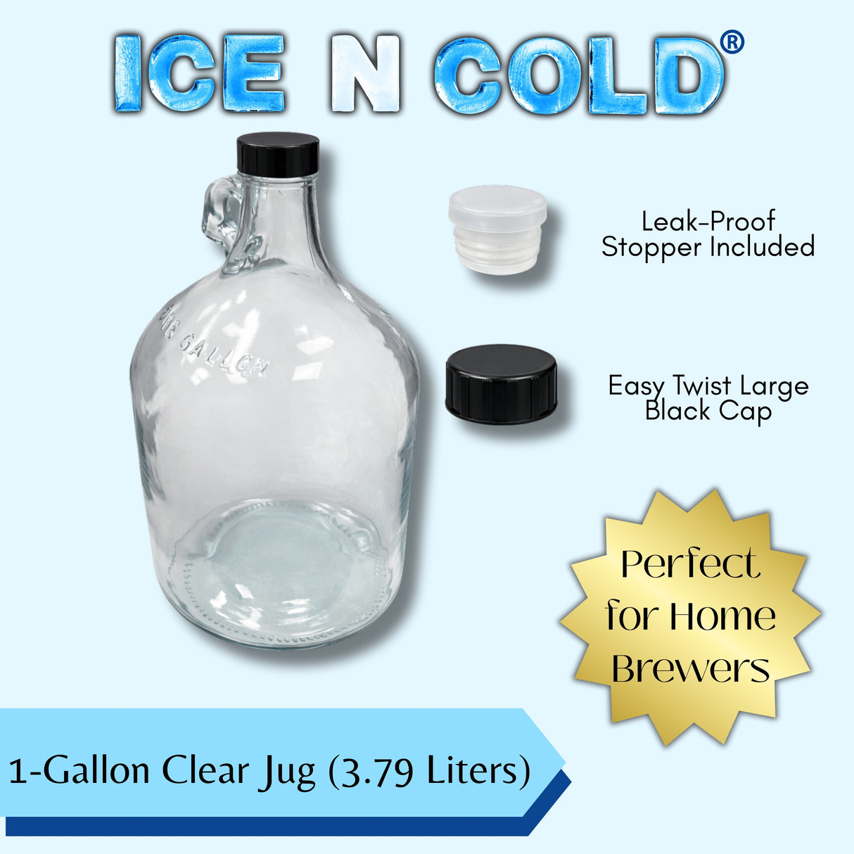 1 Gallon (128oz) Glass Fermenting Jug with Handle, Black Polyseal Lid & Cap