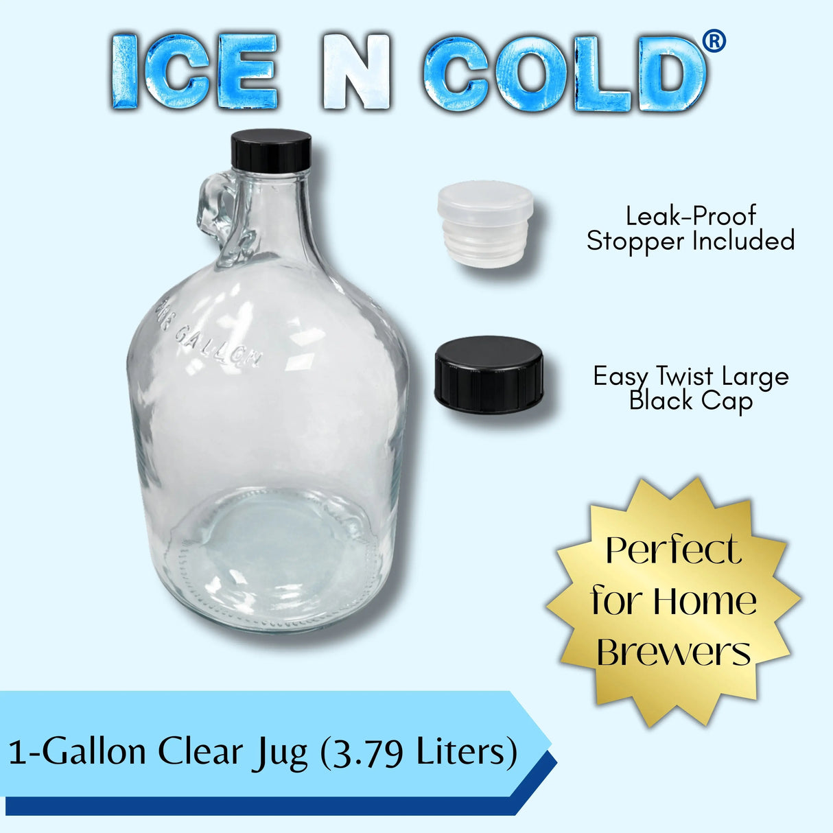 1 Gallon (128oz) Glass Fermenting Jug with Handle, Black Polyseal Lid & Cap ICE N COLD®
