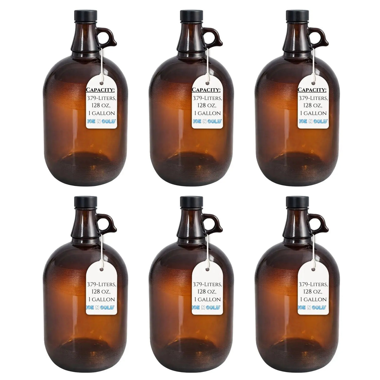 1 Gallon (128 oz) Amber Glass Jug/Growler With 38mm Black Polyseal Lid & Cap | Pack of 6 ICE N COLD®