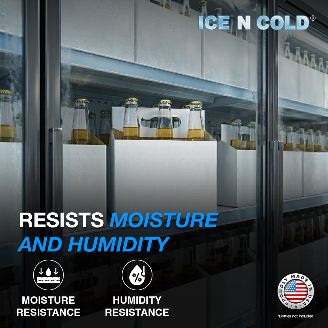 6pk Cardboard Carrier White 12oz - 16oz Bottles & Cans 8x7x5 for Convenience Store, Eco Friendly, Moisture & Humidity Resistant | High Quality 18 Point Wet Board Strength (6 Pack) ICE N COLD®