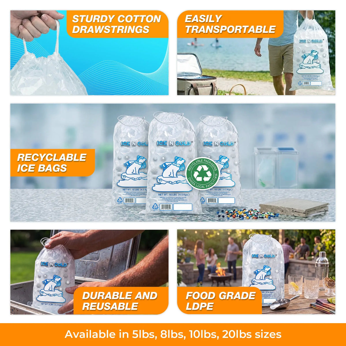 5lb Ice Bags with Cotton String Drawstring – 37 Micron Commercial Food Grade LDPE, BPA-Free, Freezer Safe Plastic, 9" x 17", Bolsas Hielo, Bolsas Para Hielo, Ice Cube Machine Storage Bag – Wholesale ICE N COLD®