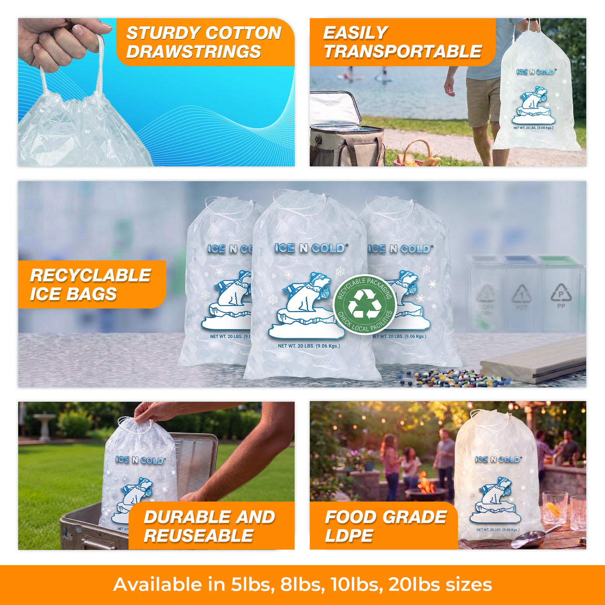ICE N COLD® 20lb Ice Bags with Drawstring Closure | 50 mic Thickness | Portable Storage and Freezer Keeper