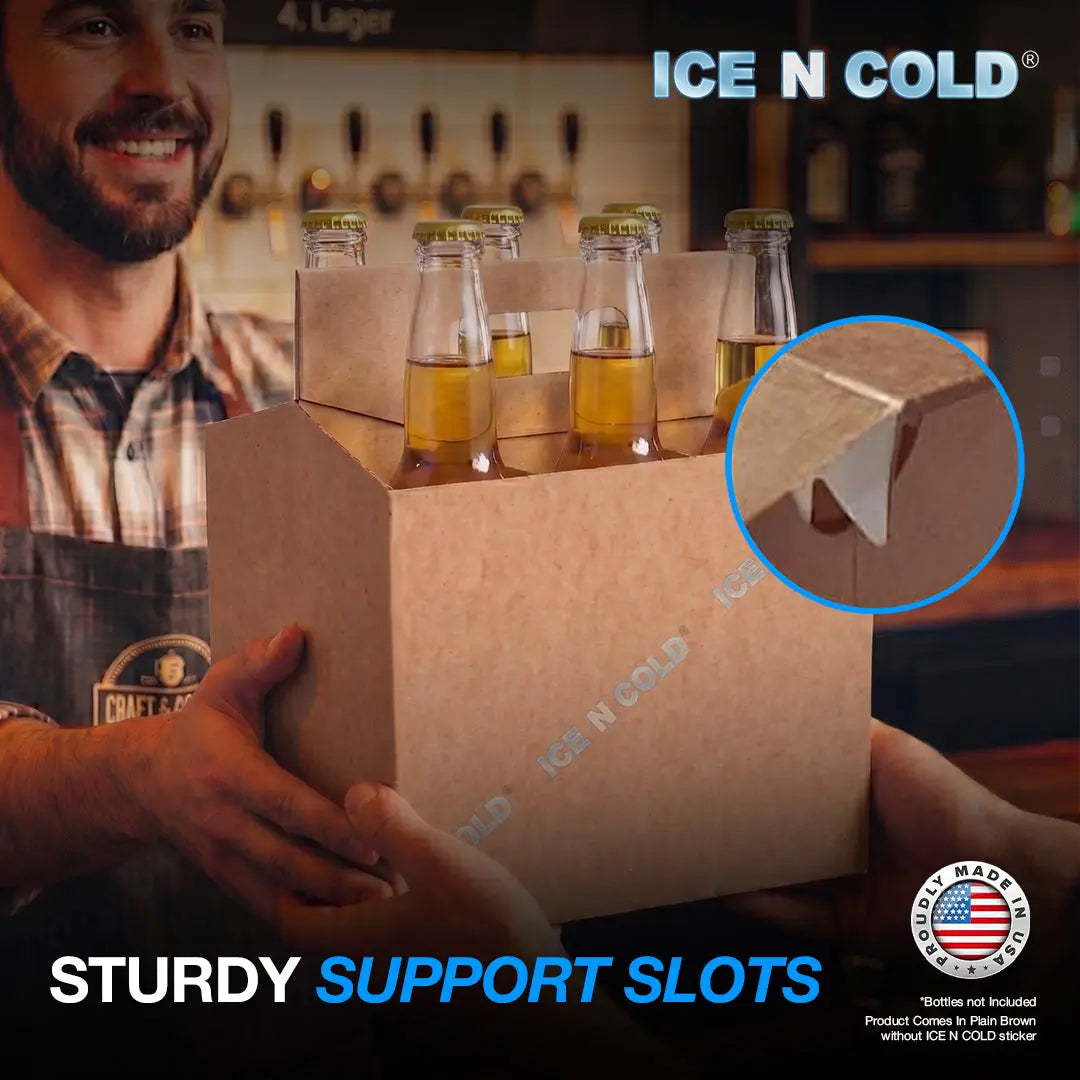 6pk Cardboard Carrier Kraft 12oz - 16oz Bottles & Cans 8x7x5 for Convenience Store, Eco Friendly, Moisture & Humidity Resistant | High Quality 18 Point Wet Board Strength (6 Pack) ICE N COLD®