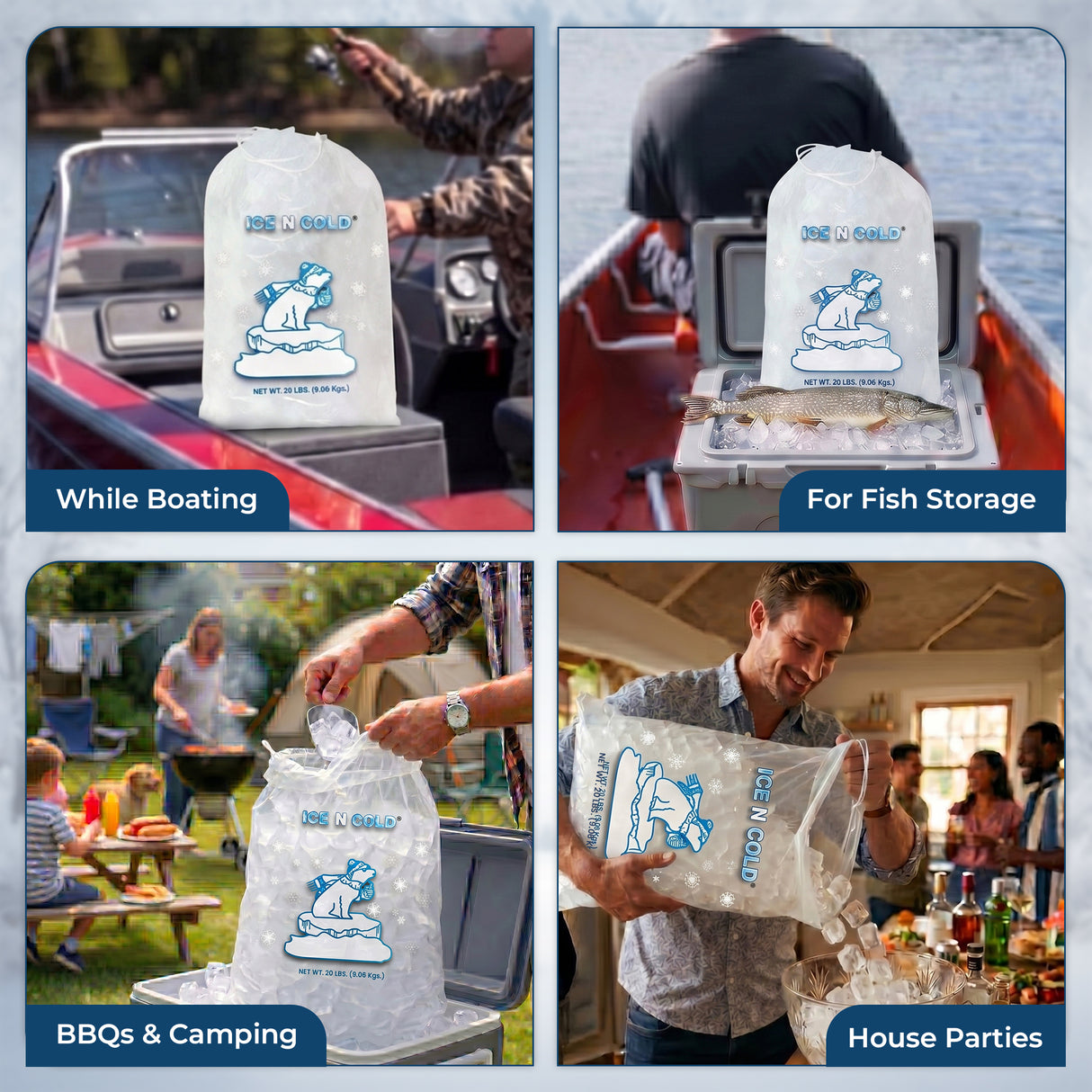 ICE N COLD® 20lb Ice Bags with Drawstring Closure | 50 mic Thickness | Portable Storage and Freezer Keeper