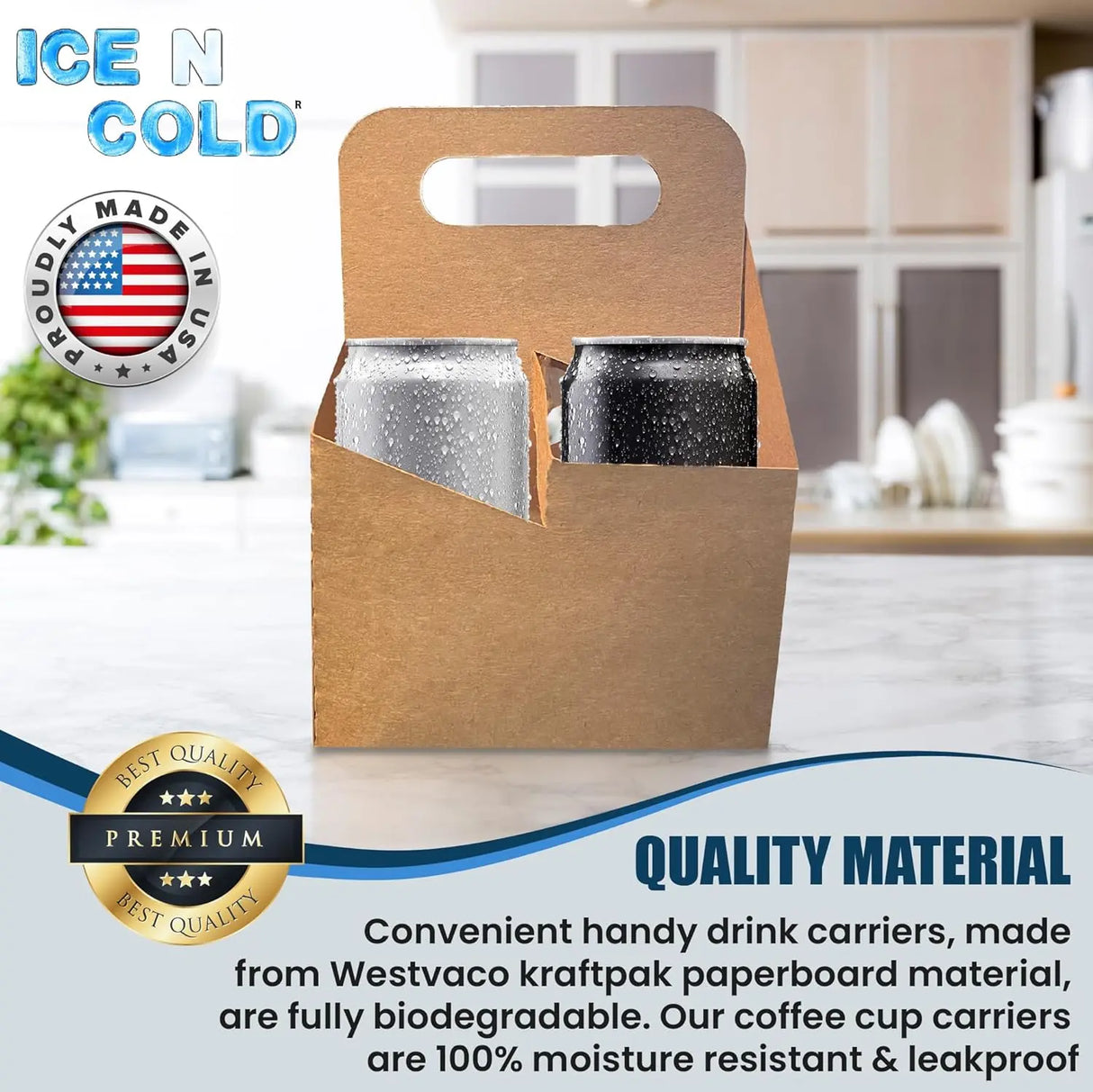 4 Cup Carrier - Eco Friendly Heavy Duty Kraft Corrugate Paperboard Carrier ICE N COLD®