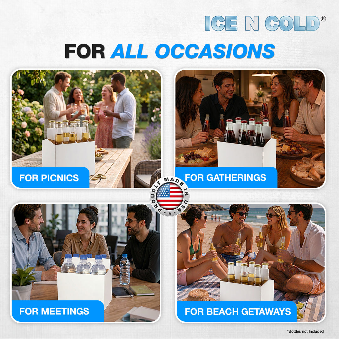 6pk Cardboard Carrier White 12oz - 16oz Bottles & Cans 8x7x5 for Convenience Store, Eco Friendly, Moisture & Humidity Resistant | High Quality 18 Point Wet Board Strength (6 Pack) ICE N COLD®