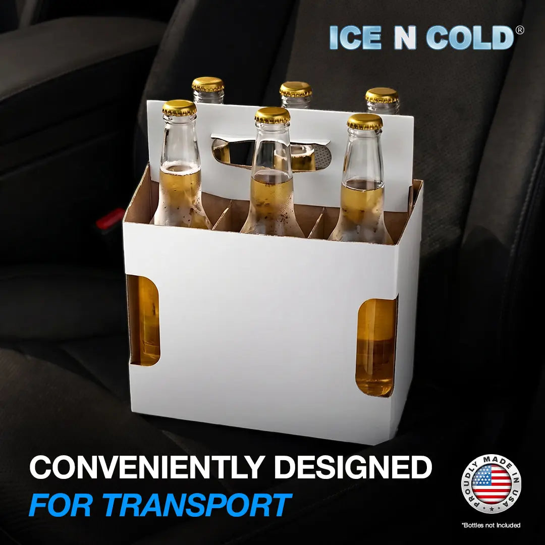 6pk Cardboard Carrier White Die-Cut 12oz - 16oz Bottles 8x7x5 for Convenience Store, Eco-Friendly, Moisture & Humidity Resistant, High Quality 18 Point Wet Board Strength (6 Pack) ICE N COLD®