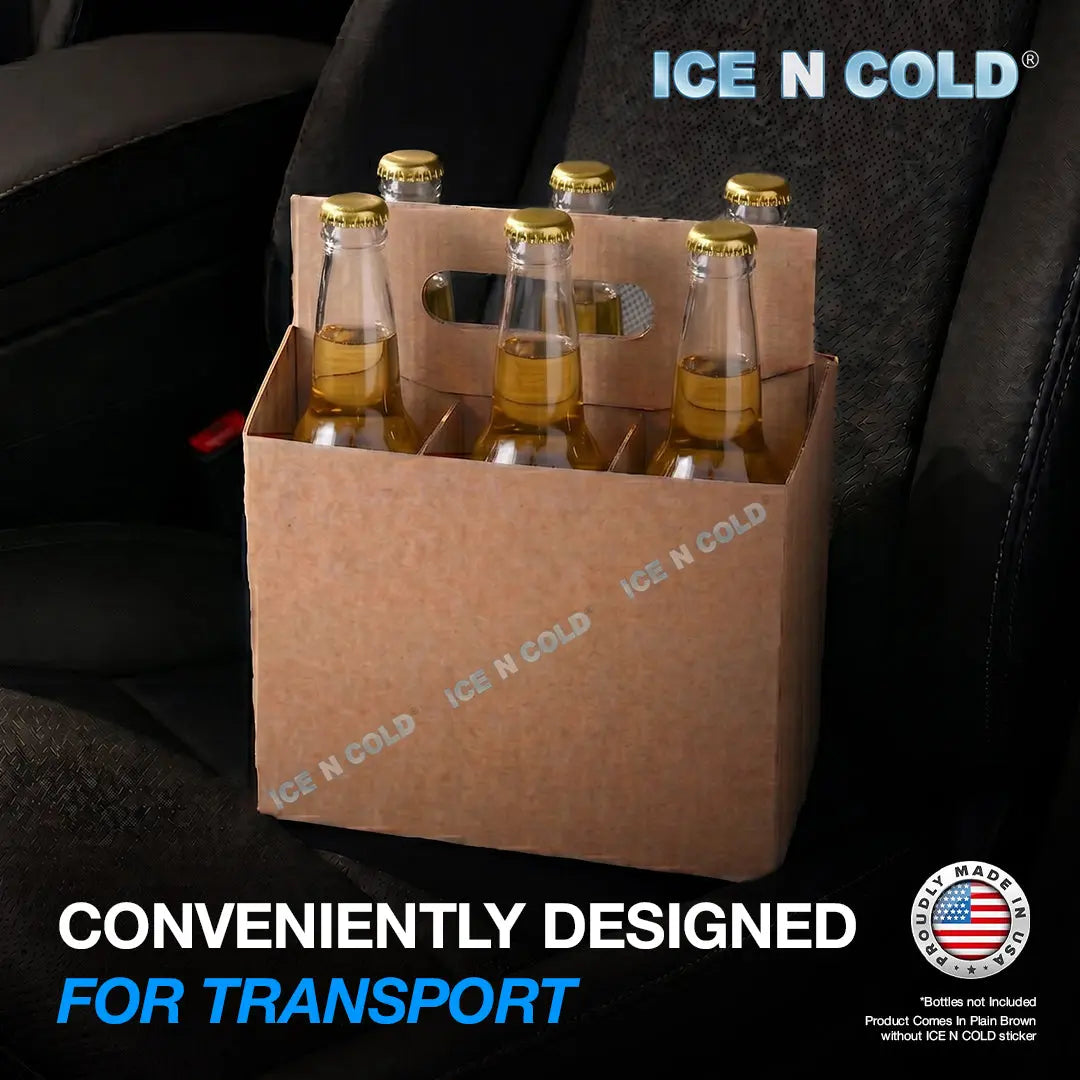 6pk Cardboard Carrier Kraft 12oz - 16oz Bottles & Cans 8x7x5 for Convenience Store, Eco Friendly, Moisture & Humidity Resistant | High Quality 18 Point Wet Board Strength (6 Pack) ICE N COLD®
