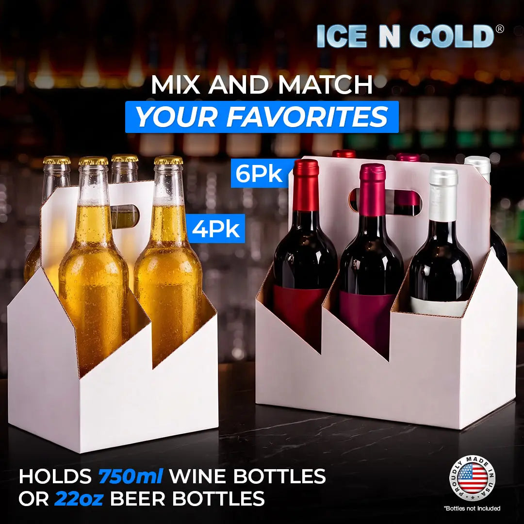 6pk Cardboard Wine Bottle Carrier (White) - 750ml & 22oz Wine & Beer Bottles ICE N COLD®