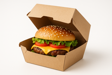 Load image into Gallery viewer, 800ml kraft folding burger box with a hamburger inside.