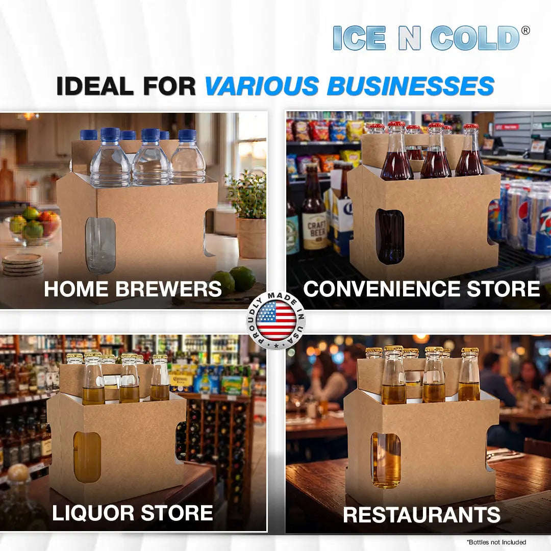 6pk Cardboard Carrier Kraft Die-Cut 12oz - 16oz Bottles 8x7x5 for Convenience Store, Eco-Friendly, Moisture & Humidity Resistant, High Quality 18 Point Wet Board Strength (6 Pack) ICE N COLD®