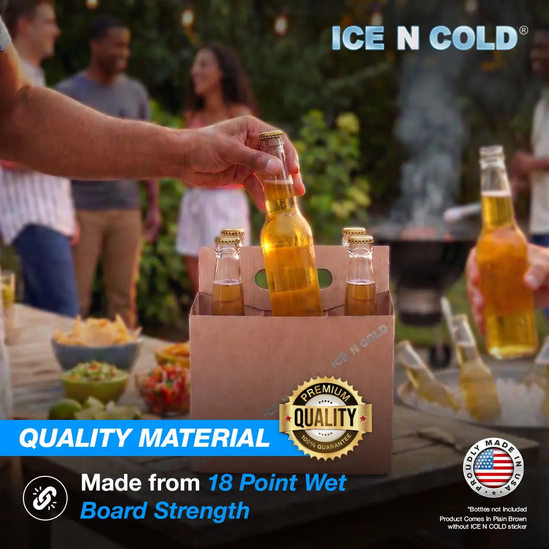 6pk Cardboard Carrier Kraft 12oz - 16oz Bottles & Cans 8x7x5 for Convenience Store, Eco Friendly, Moisture & Humidity Resistant | High Quality 18 Point Wet Board Strength (6 Pack) ICE N COLD®