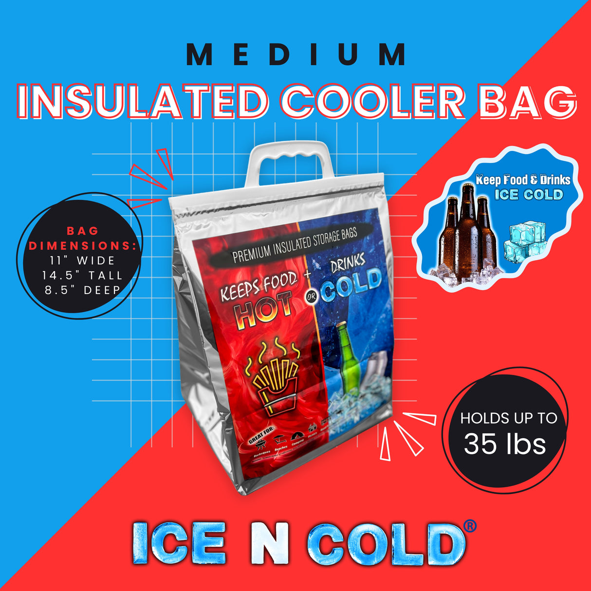 ICE N COLD® Medium Hot & Cold Insulated Cooler Bags - Thermal Bags holds up to 30 lbs - Available in multiple quantities