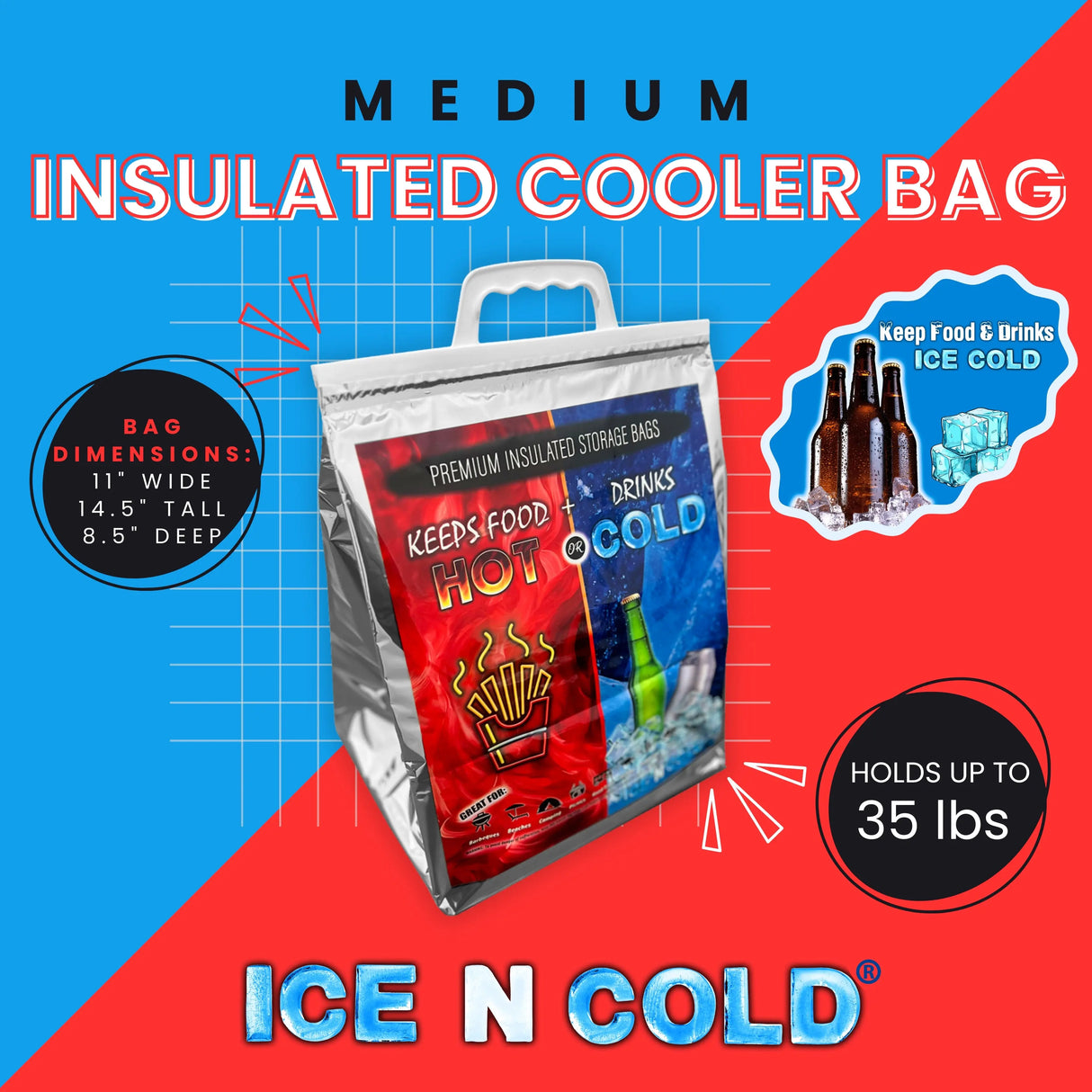 ICE N COLD® Medium Hot & Cold Insulated Cooler Bags - Thermal Bags holds up to 30 lbs - Available in multiple quantities ICE N COLD®