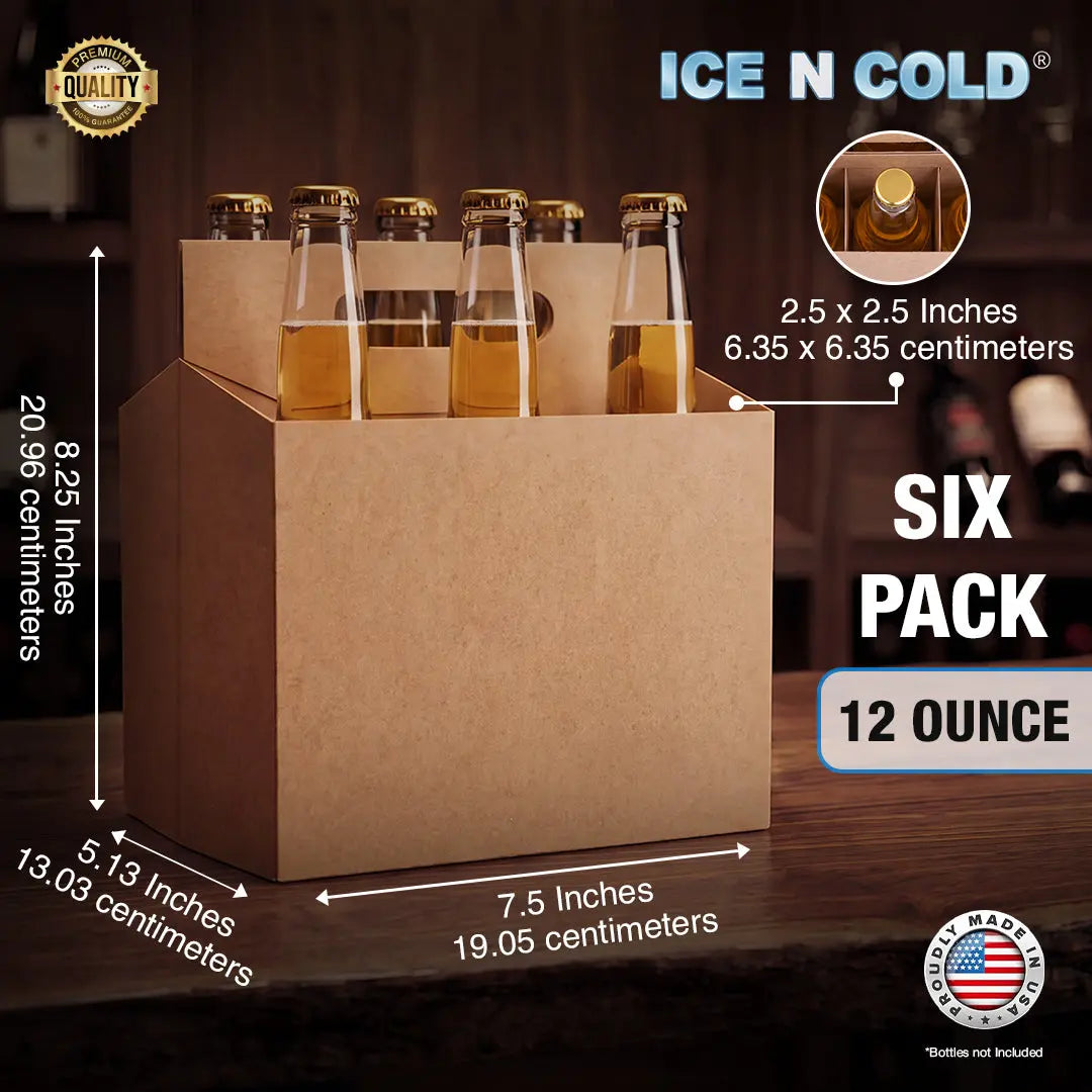 6Pk Cardboard Carrier – Kraft Brown – 12oz Bottles & Cans | Made In USA ICE N COLD®