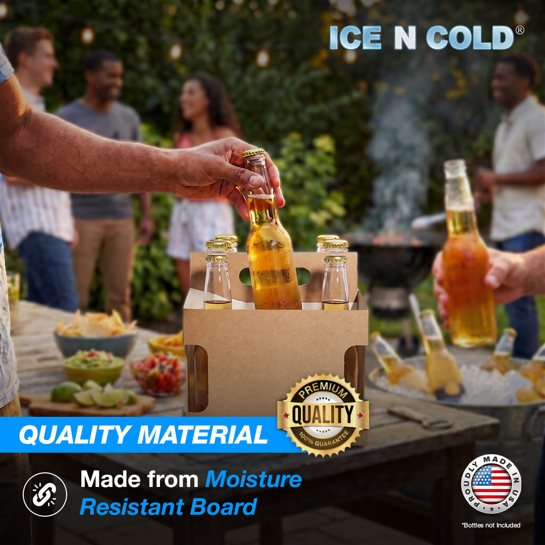 6pk Kraft Cardboard Bottle Holder (Kraft Brown Die-Cut) 12oz Bottles & Cans | Made In USA ICE N COLD®