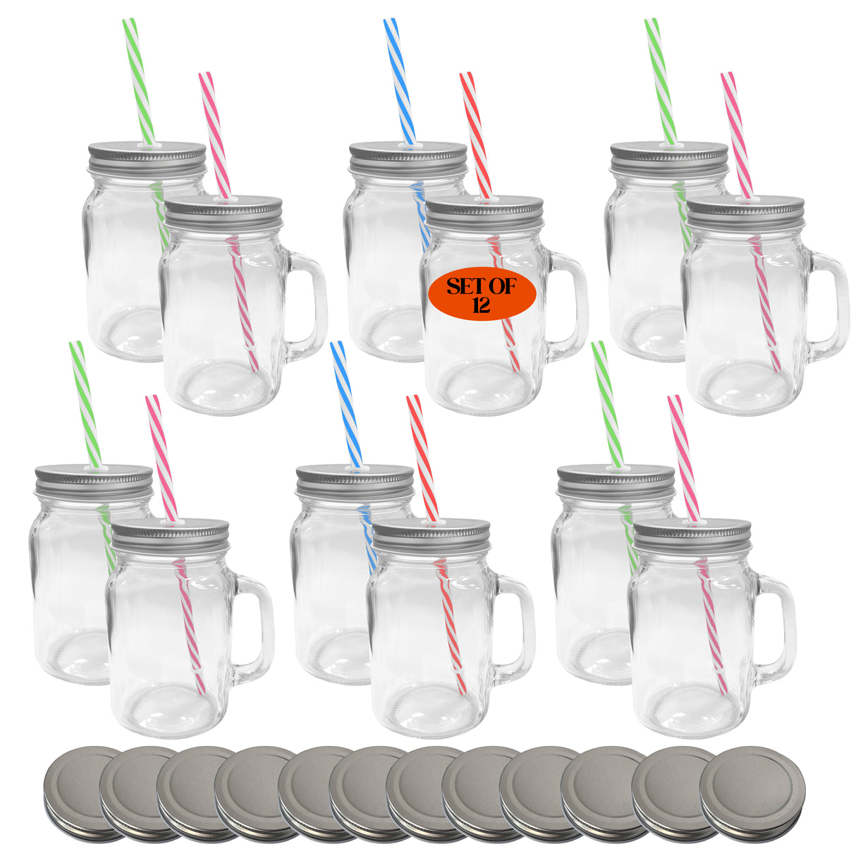 Friday Feeling 16oz Glass Mason Jar Mug with Handle, Metal Lid and Striped Straw, Beverage Container