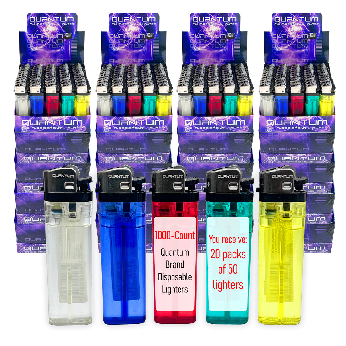 Quantum® Clear Lighters | 50ct | Bonus Free 5-Pack lighters Included with Every 50pk Purchase.