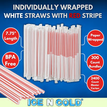 Load image into Gallery viewer, Plastic Straws, Paper Wrapped - 7 3/4" - White with Red Stripe (2,400 Straws)