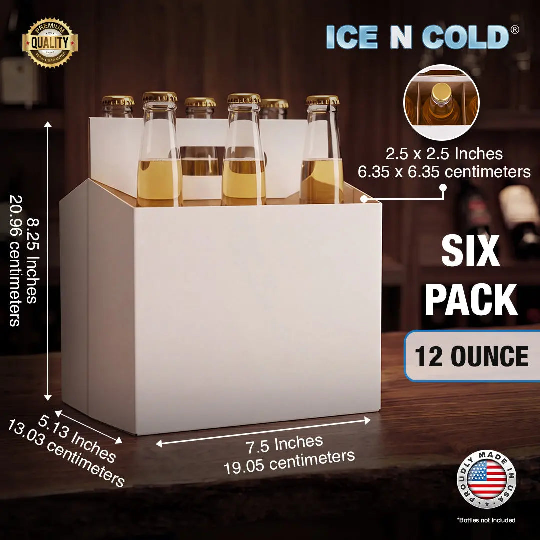 6Pk Cardboard Carrier – White – 12oz–16oz Bottles & Cans | Made In USA ICE N COLD®