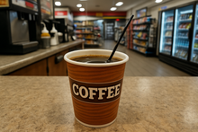Load image into Gallery viewer, black coffee stirrer with small diameter, inside a cup of coffee, on a countertop at a gas station