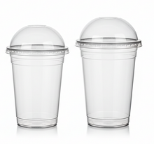 Load image into Gallery viewer, clear beverage cups, ranging from 12oz to 24oz, with flat straw lids or dome lids