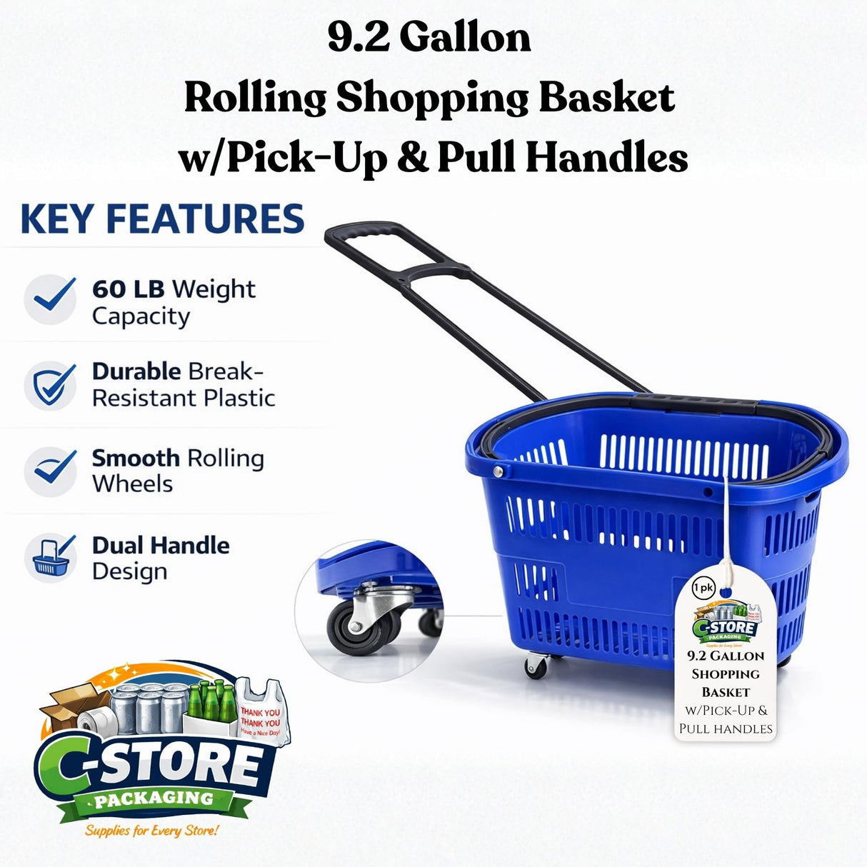 Rolling Shopping Basket with Wheels, 9.2 Gallon, Blue, Extendable Pull Handle, 60 lb Capacity