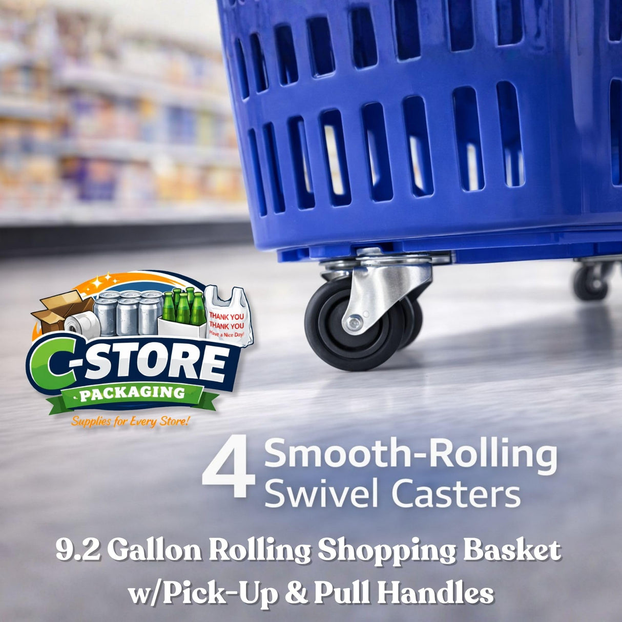 Rolling Shopping Basket with Wheels, 9.2 Gallon, Blue, Extendable Pull Handle, 60 lb Capacity