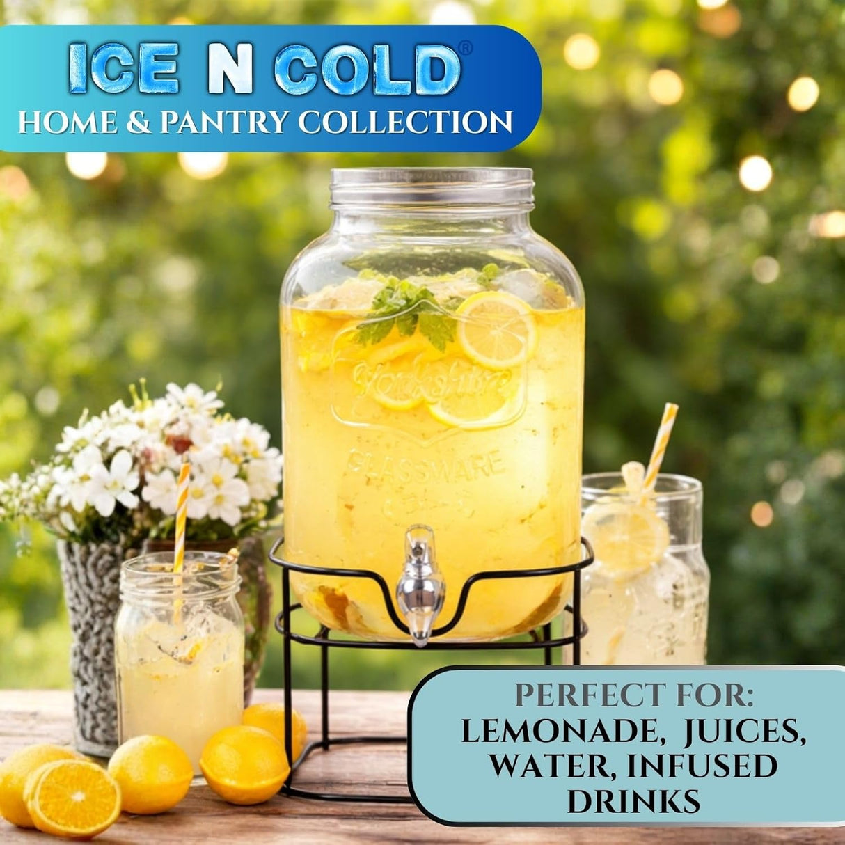 5 Liter Glass Beverage Dispenser with Black Metal Stand (1.4 Gallon) – Glass Drink Dispenser for Aguas Frescas, Lemonade, Iced Tea, Parties & Restaurants