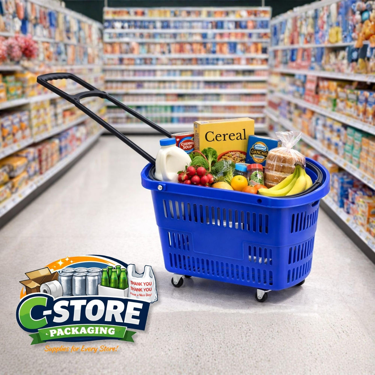 Rolling Shopping Basket with Wheels, 9.2 Gallon, Blue, Extendable Pull Handle, 60 lb Capacity
