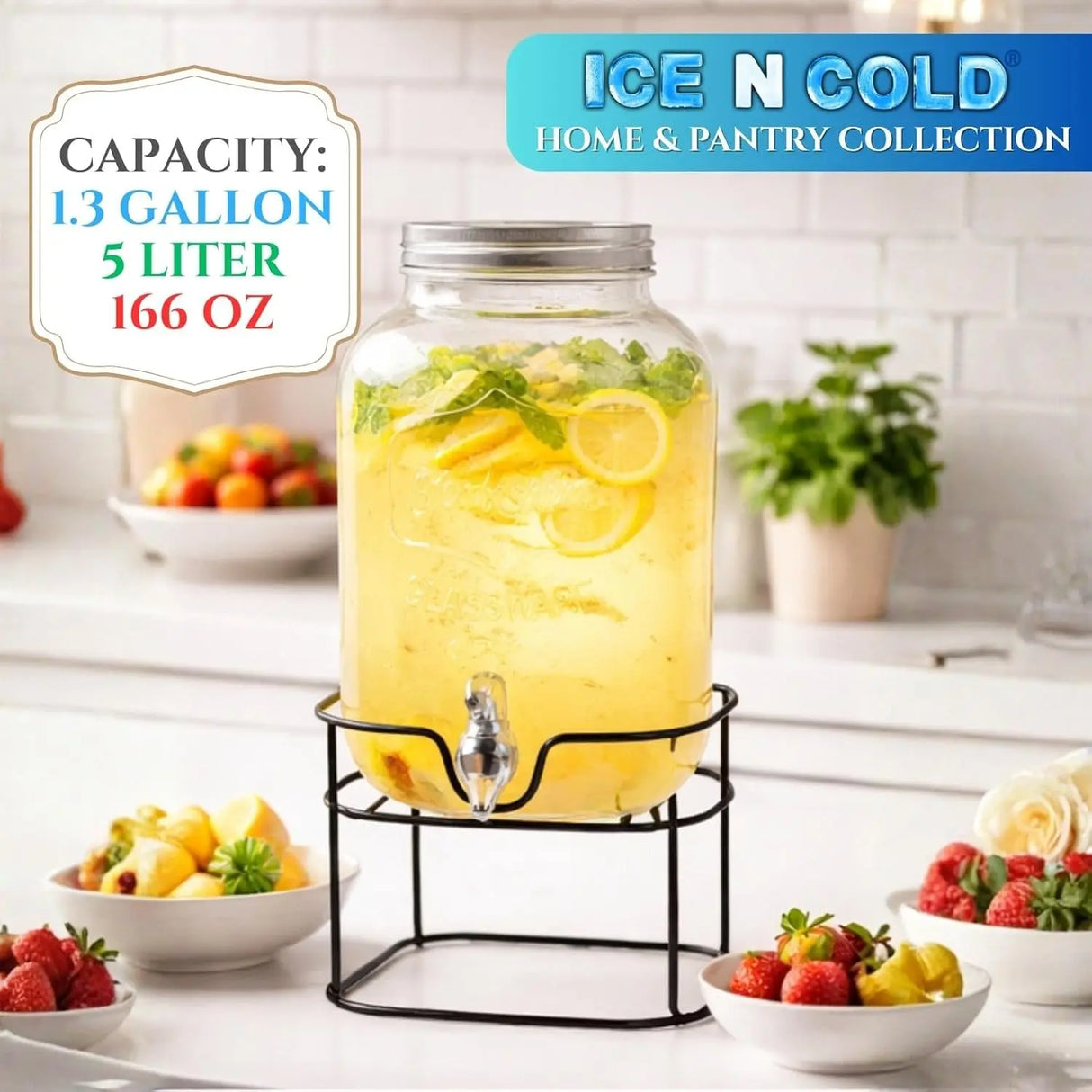 5 Liter Glass Beverage Dispenser with Black Metal Stand (1.4 Gallon) – Glass Drink Dispenser for Aguas Frescas, Lemonade, Iced Tea, Parties & Restaurants ICE N COLD®