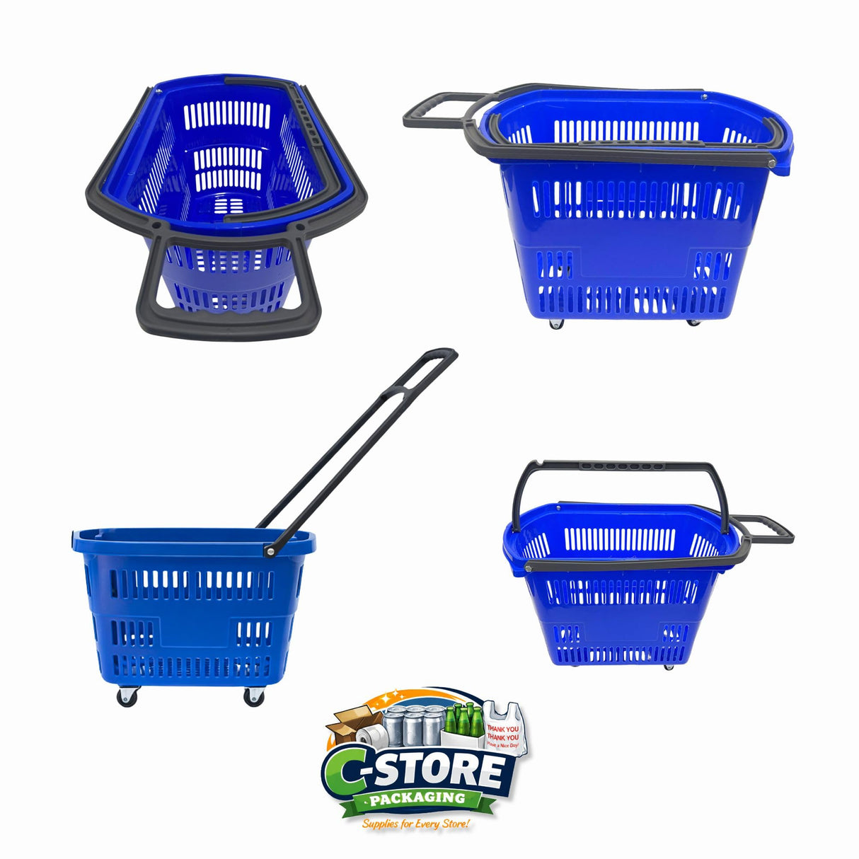 Rolling Shopping Basket with Wheels, 9.2 Gallon, Blue, Extendable Pull Handle, 60 lb Capacity