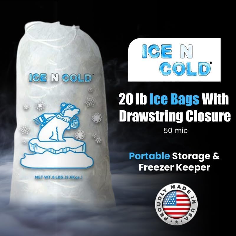 ICE N COLD® 20lb Ice Bags with Drawstring Closure | 50 mic Thickness | Portable Storage and Freezer Keeper