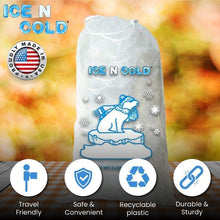 Load image into Gallery viewer, ICE N COLD® 20lb Ice Bags with Drawstring Closure | 50 mic Thickness | Portable Storage and Freezer Keeper