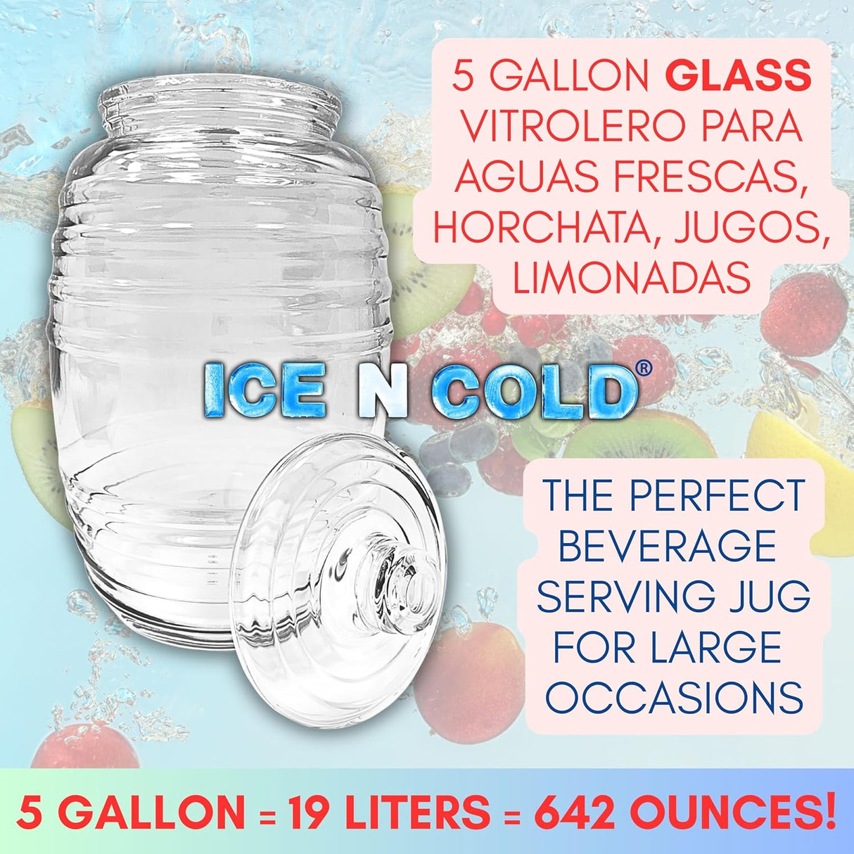 Aguas Frescas 5 Gallon Glass Juice Jug Container with Lid (19 Liters, 642 oz)