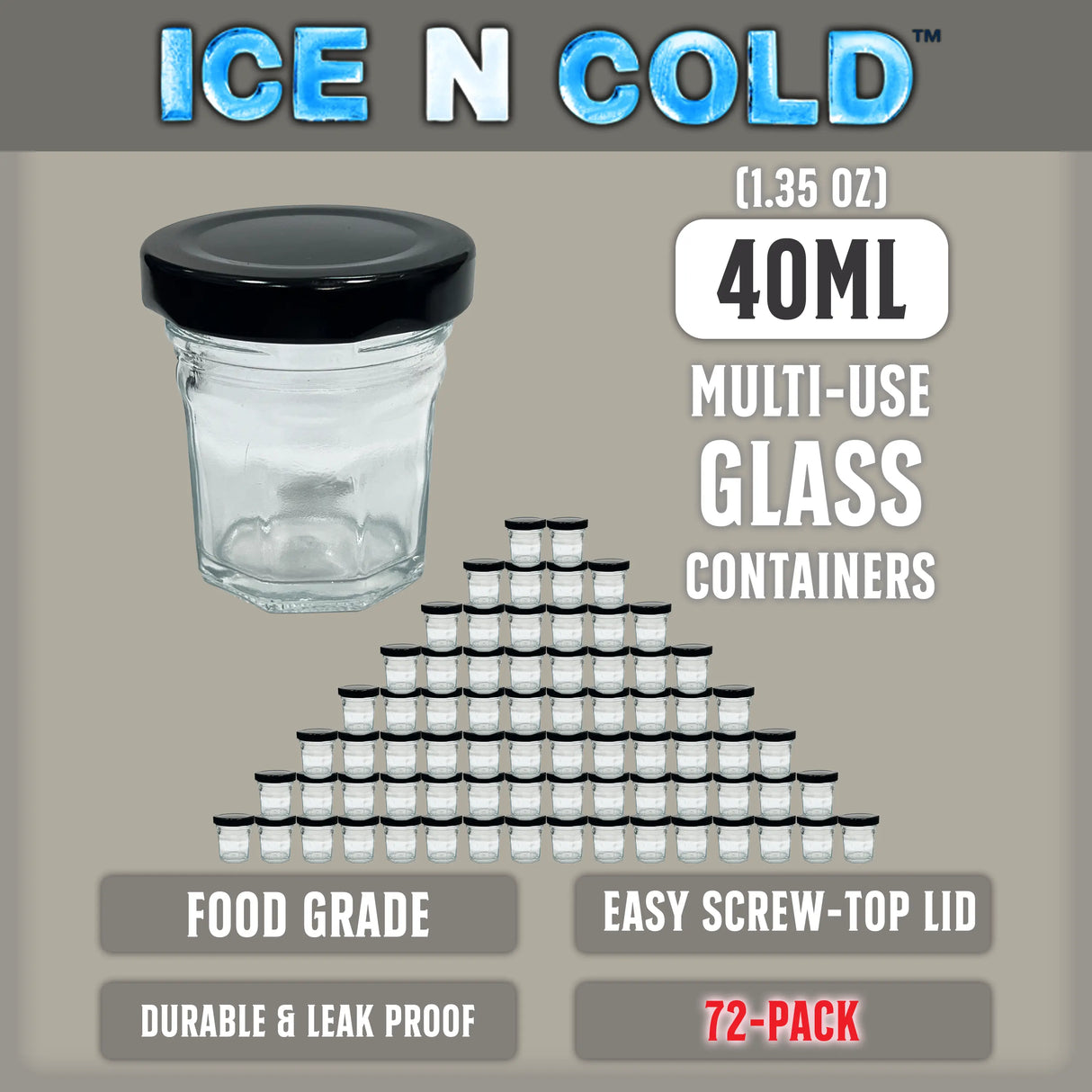 Multi-Use Glass Jars with Leakproof Clear Lid, Reusable & Eco-Friendly – Ideal for Jams, Sauces, Spices; Lead -Free and BPA-Free Glass Bottle ICE N COLD®