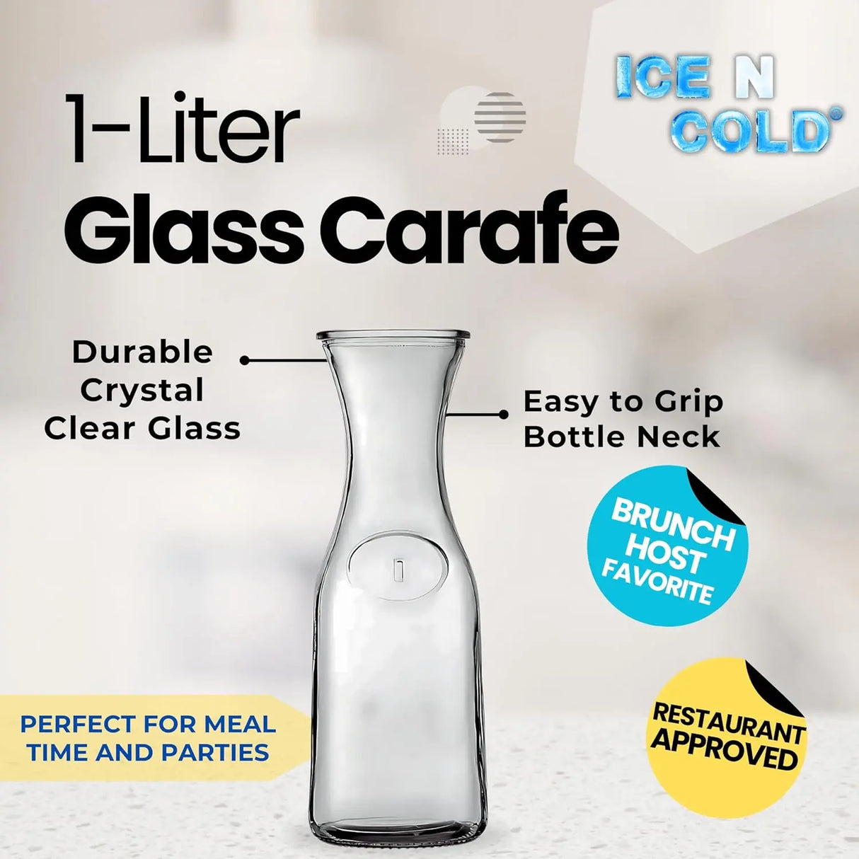 1-Liter Glass Carafe (33.8 oz / ~0.26 Gal) – Wide Mouth Water, Juice, Wine and Drink Jug, Clear Durable Glass ICE N COLD®