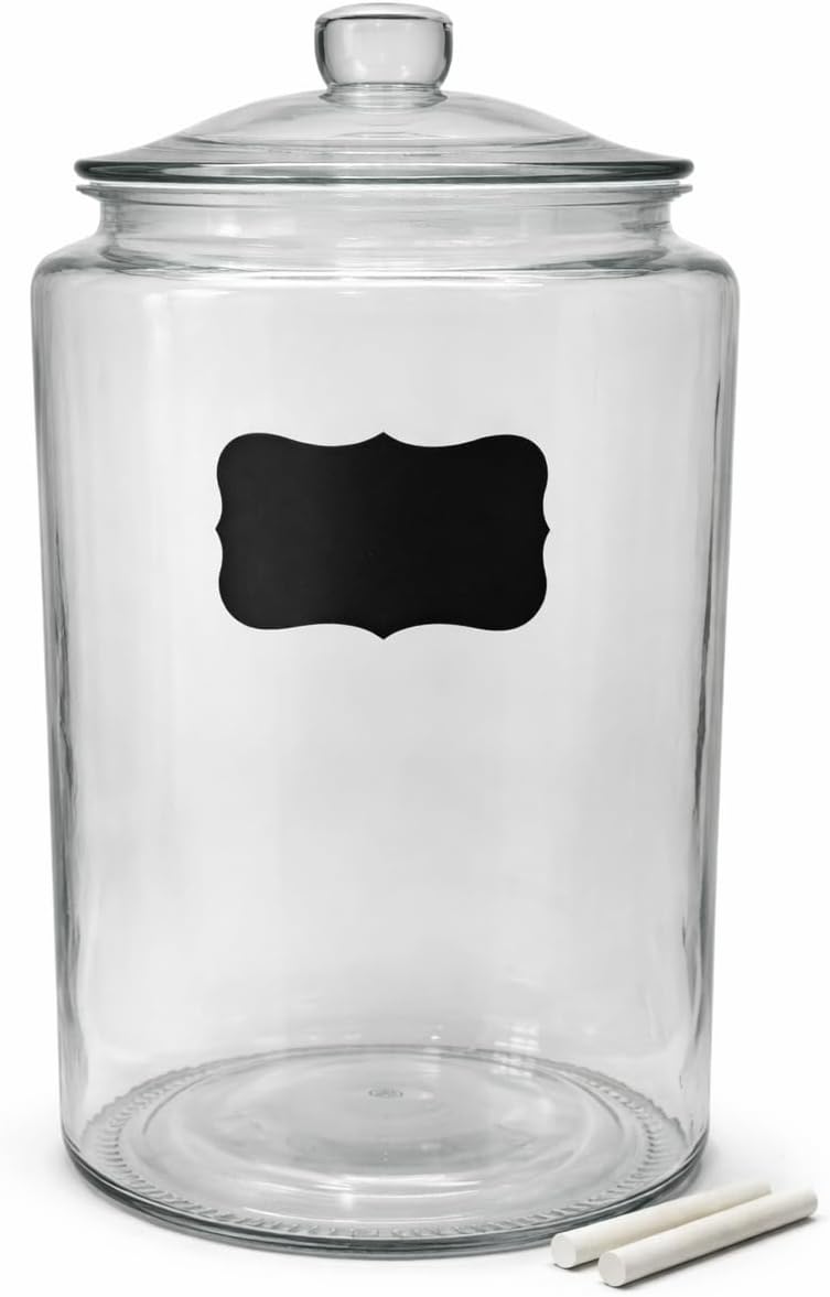 Glass Jar with Airtight Lid - Chalkboard Label & Chalk - Large Clear Kitchen Counter Jar for Cookies, Candy, Snacks, Dog Treats, Flour & Sugar Storage