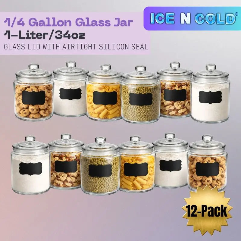Glass Jar with Airtight Lid - Chalkboard Label & Chalk - Large Clear Kitchen Counter Jar for Cookies, Candy, Snacks, Dog Treats, Flour & Sugar Storage ICE N COLD®