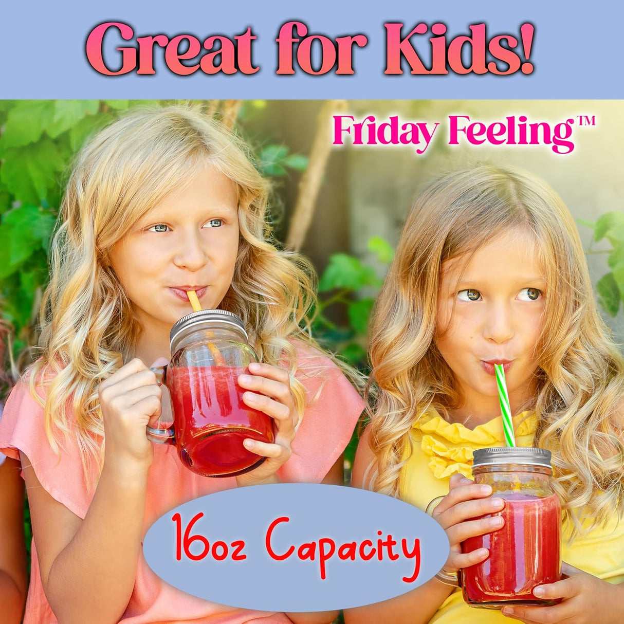Friday Feeling 16oz Glass Mason Jar Mug with Handle, Metal Lid and Striped Straw, Beverage Container
