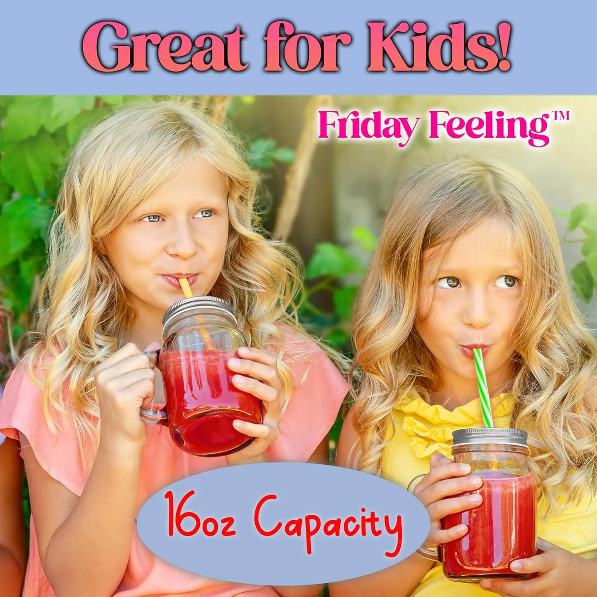 Friday Feeling 16oz Glass Mason Jar Mug with Handle, Metal Lid and Striped Straw, Beverage Container ICE N COLD®