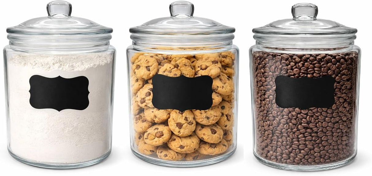 Glass Jar with Airtight Lid - Chalkboard Label & Chalk - Large Clear Kitchen Counter Jar for Cookies, Candy, Snacks, Dog Treats, Flour & Sugar Storage