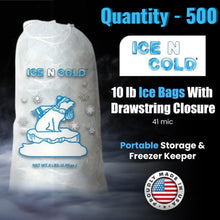 Load image into Gallery viewer, ICE N COLD® 10lb Ice Bags with Drawstring Closure | 41 mic Thickness | Portable Storage and Freezer Keeper