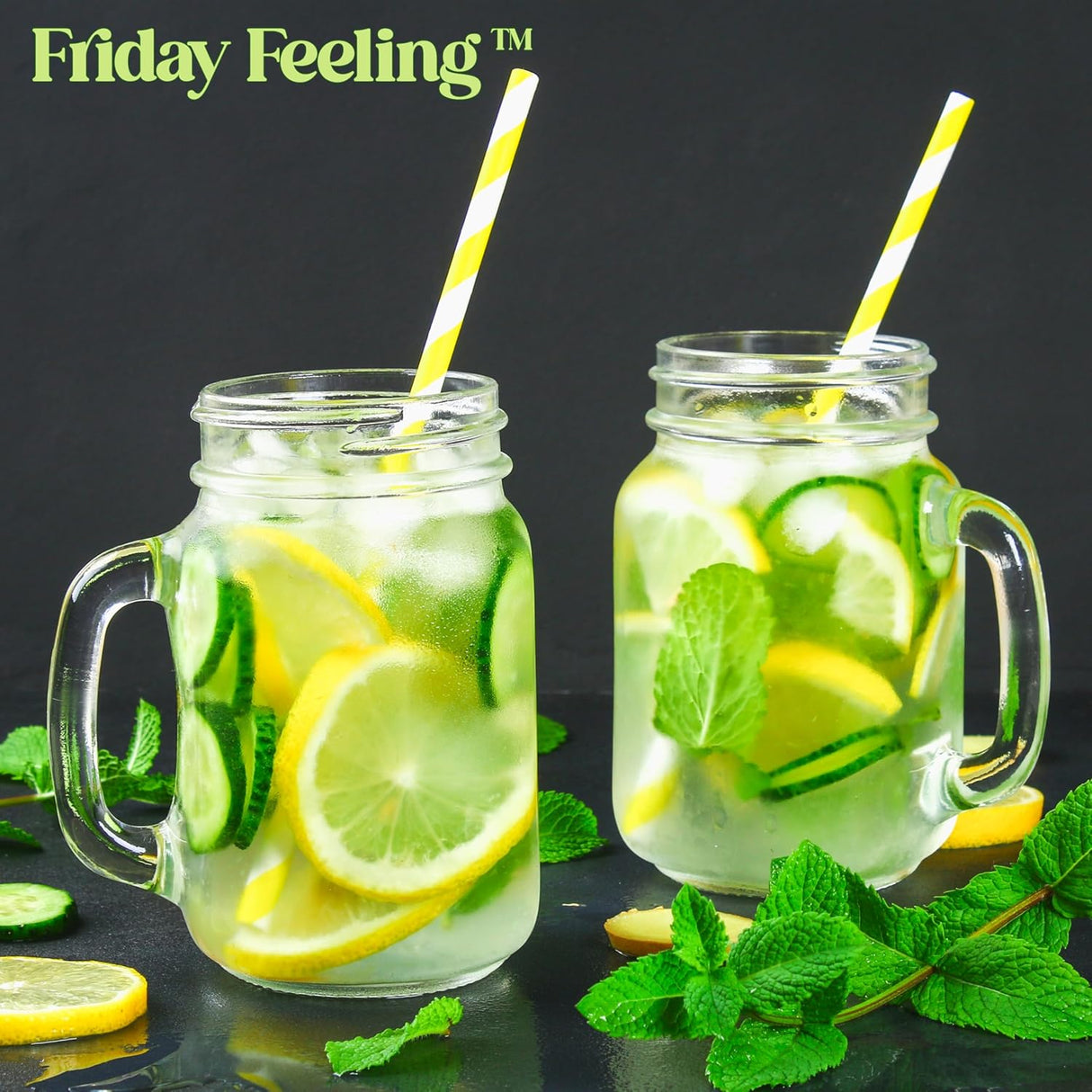 Friday Feeling 16oz Glass Mason Jar Mug with Handle, Metal Lid and Striped Straw, Beverage Container